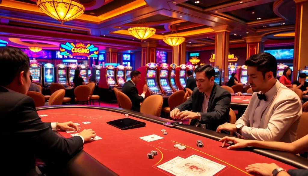 Players enjoying the excitement at DU388 casino tables with poker chips and vibrant slot machines.