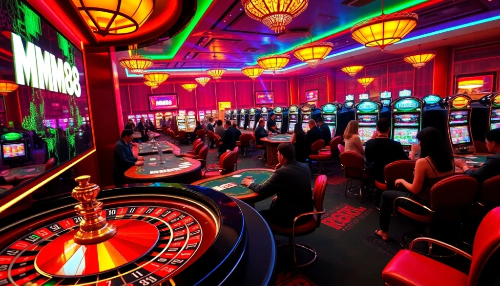 Engaging gamblers in a luxurious MM88 casino scene with vibrant gaming tables and slot machines.
