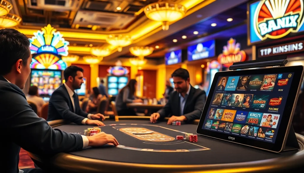Experience the thrill of gambling at king79 with a vibrant casino scene featuring poker games and slot machines.