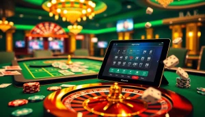 Experience excitement at https://789fcom.asia/ with a glamorous casino setting showcasing roulette wheels and poker games.