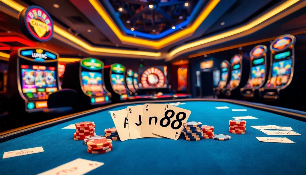 Experience thrilling gaming action at Jun88 with vibrant poker chips and luxurious casino tables.