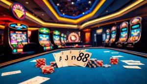 Experience thrilling gaming action at Jun88 with vibrant poker chips and luxurious casino tables.