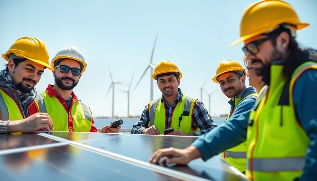 Showcasing skilled labor for energy sector workers installing solar panels in a bright, professional environment.