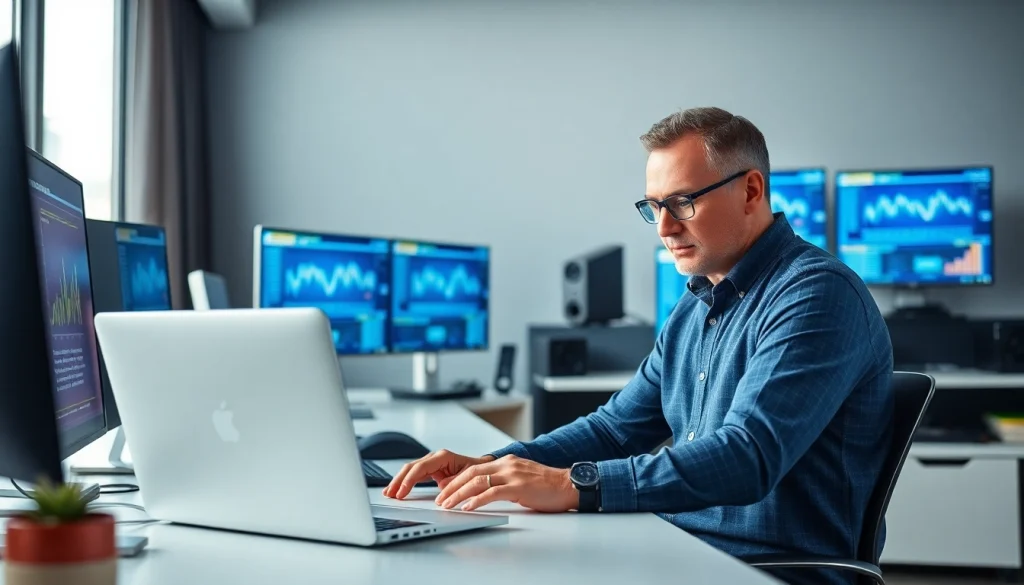 Technician providing computer help in a modern office environment with vibrant technology.