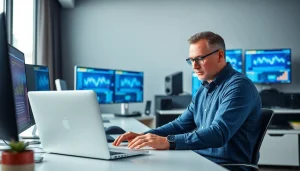 Technician providing computer help in a modern office environment with vibrant technology.