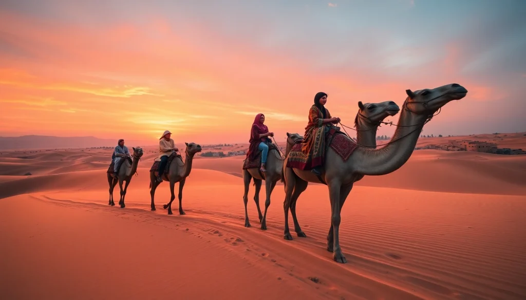 Camel ride Marrakech at sunset with serene desert landscape and traditional attire.