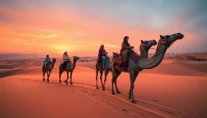 Camel ride Marrakech at sunset with serene desert landscape and traditional attire.