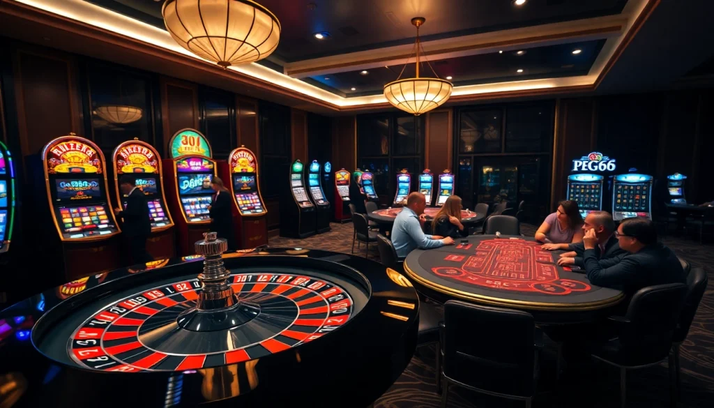 Exciting scene at PG66 Casino with players engaging at roulette and poker tables.