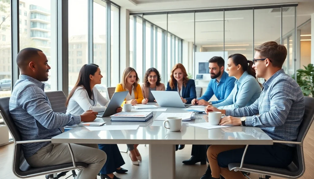 Showcase a vibrant team at an accounting firm in Abu Dhabi engaged in a productive discussion around a modern conference table.