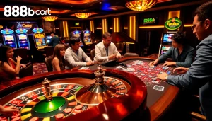 Experience the thrill of gaming with 888b.report at a vibrant casino scene featuring roulette and poker tables.