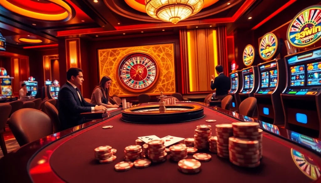 Experience the thrill of the game 33win with vibrant casino visuals, engaging players, and luxurious table settings.