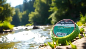 Fly fishing line elegantly displayed along a serene riverbank with vibrant natural surroundings.