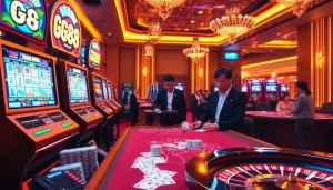 GG88 players enjoying a thrilling night at a contemporary casino table surrounded by vibrant slot machines and cards.