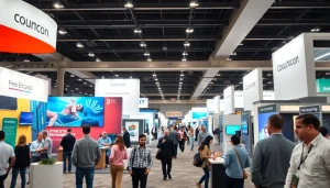 Engaging trade show displays attracting visitors at an exhibition event.