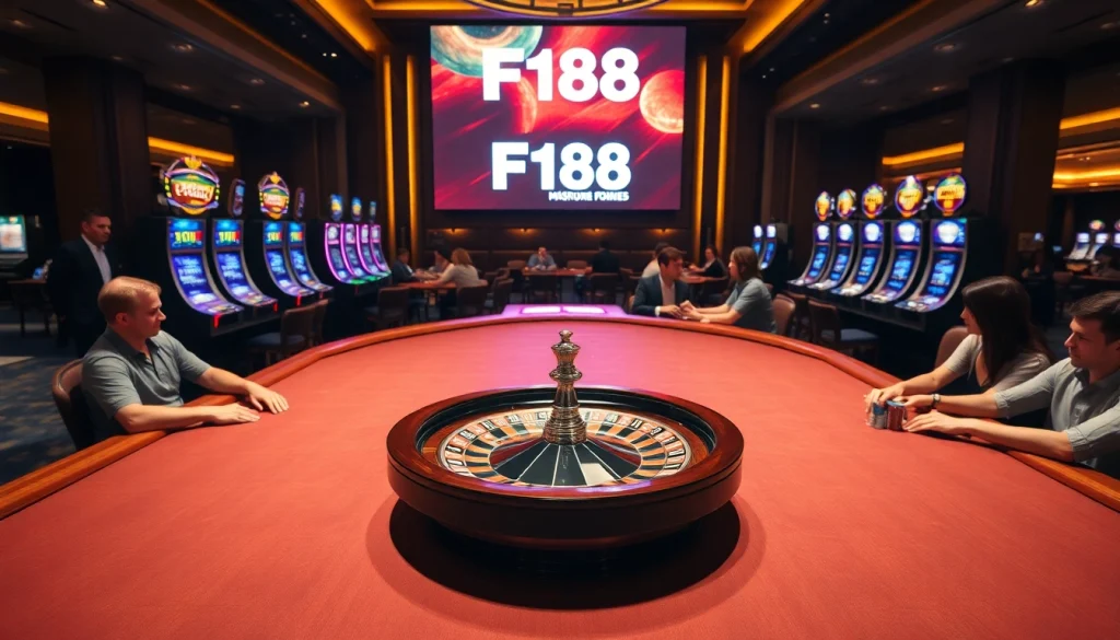 F168 casino scene with poker tables, roulette wheel, and thrilling atmosphere