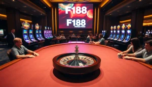 F168 casino scene with poker tables, roulette wheel, and thrilling atmosphere