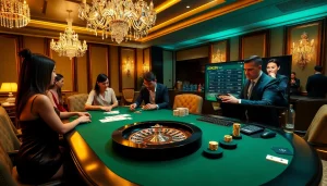 Experience thrilling gaming at OK365 with a lively casino atmosphere featuring tables and players.