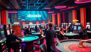 Players enjoying diverse games at a luxurious casino featuring doaslot branding in the background.