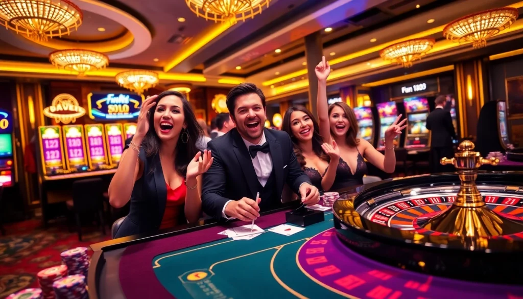 Players enjoying a thrilling game at Fun88 casino tables, celebrating wins with vibrant poker chips and cards.