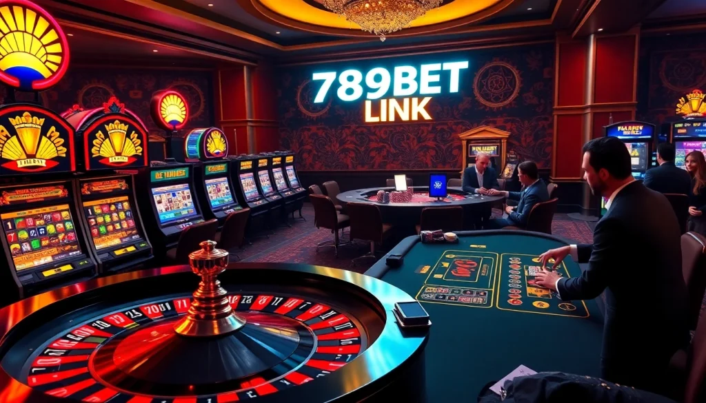 Experience the thrill of winning at 789BET LINK with luxurious casino scenes and vibrant games.