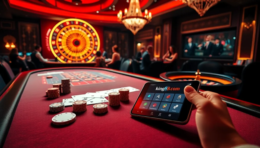 High-stakes players enjoying games at a luxurious king88.com branded casino table