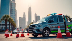 Assisting with car recovery services at https://trtrecoveryuae.com in a busy Dubai city backdrop.