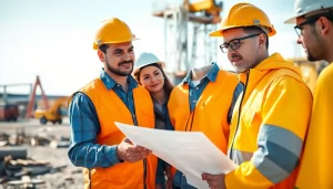 Construction team collaborating on project plans, highlighting careers in construction at an outdoor site.