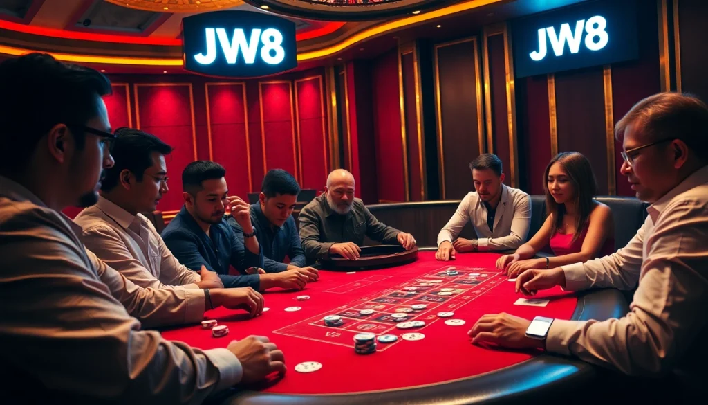 JW8 poker table scene with players for an engaging casino experience.