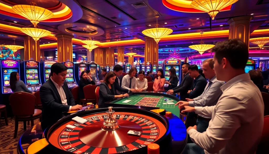 Players enjoying thrilling gambling experiences at a luxurious tg88 casino with roulette and slot machines.