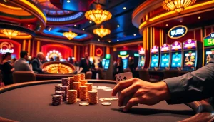 Excited players engage at UU88's vibrant casino table with poker chips and winning cards