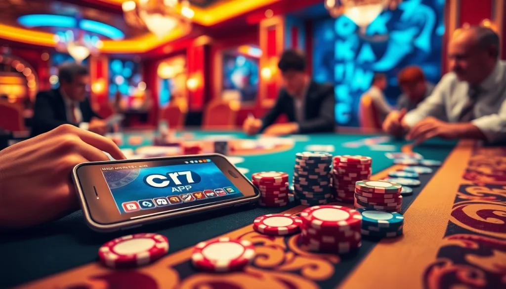 The cr7 App interface showcased at a vibrant casino table filled with poker chips and cards
