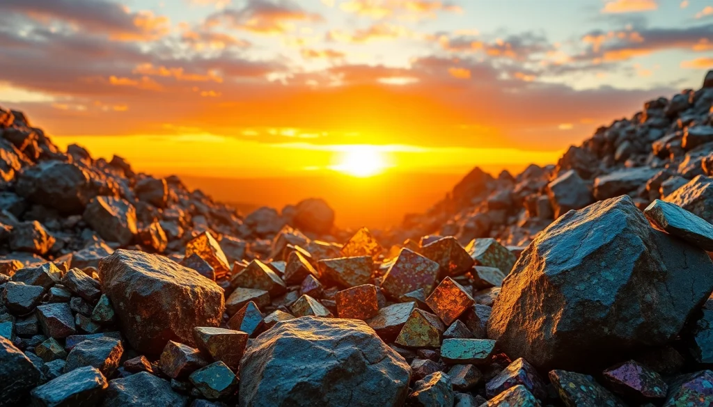 Visual of diverse ore deposits showcasing minerals atop rugged terrain.