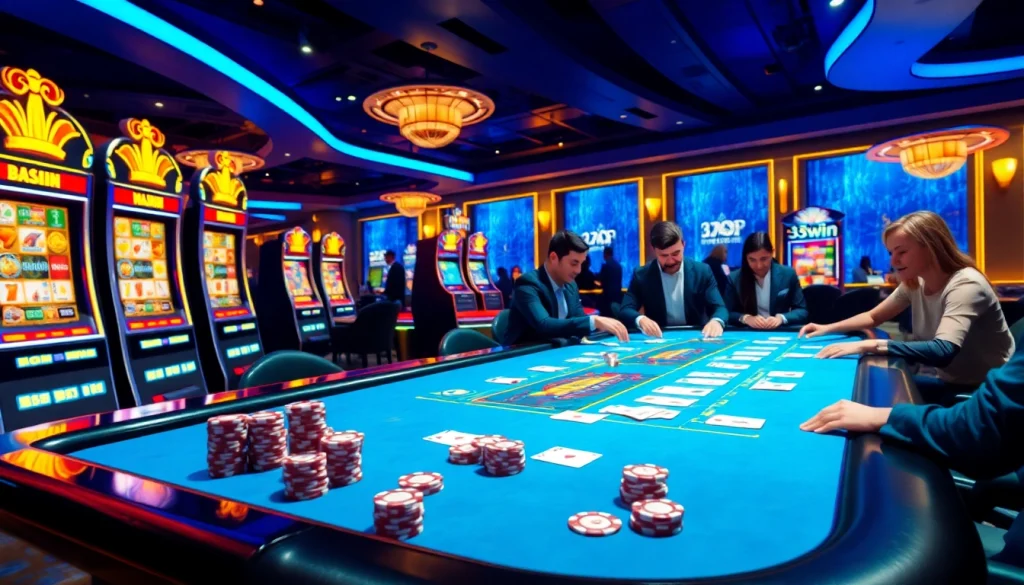Experience the excitement of 33win with vibrant casino games, poker chips, and slot machines in action.