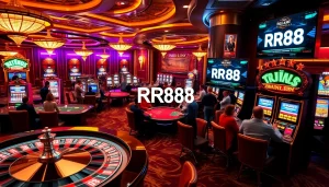 Gambling enthusiasts enjoying top-tier gaming experience at RR88's luxurious casino.