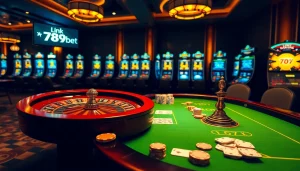 Experience high-stakes gaming with link 789bet at an upscale casino table featuring cards and chips.