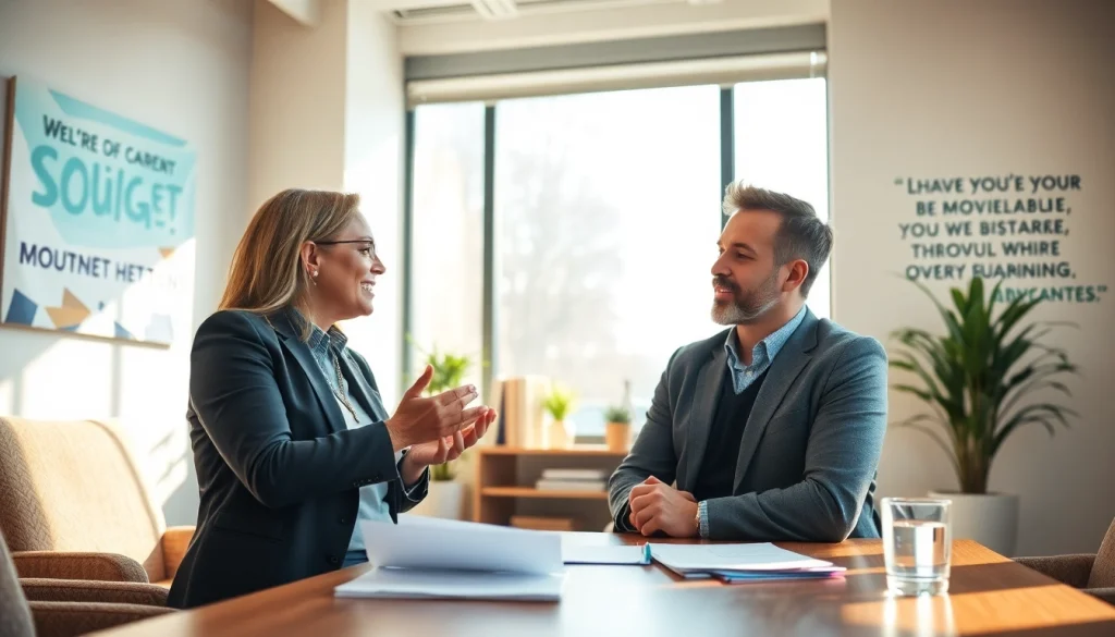 Empowerment solutions career coaching session between a professional coach and client in a modern office.