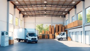 Moving and Storage facility with organized storage units, bright lighting, and moving trucks.