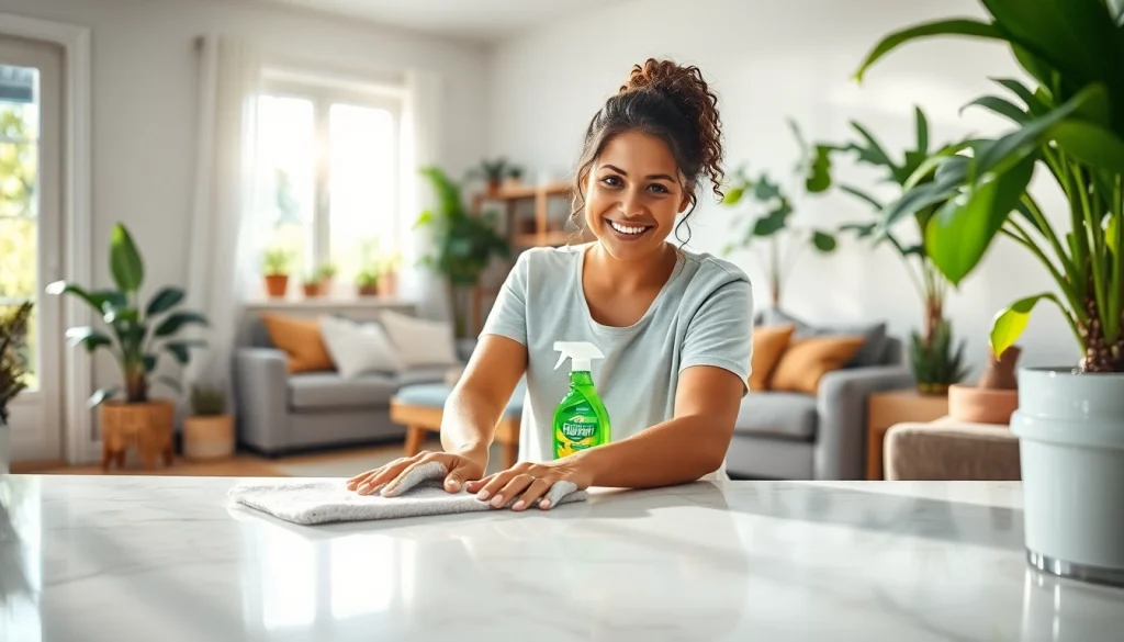 Enhance your space with a refreshing Cleaning service in a bright home setting, showcasing a friendly cleaner.