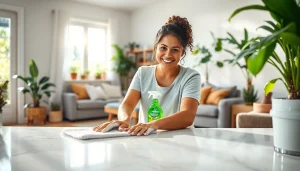 Enhance your space with a refreshing Cleaning service in a bright home setting, showcasing a friendly cleaner.