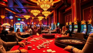 A dynamic casino scene featuring 13win enthusiasts celebrating big wins at card tables with chips flying and a vibrant atmosphere.