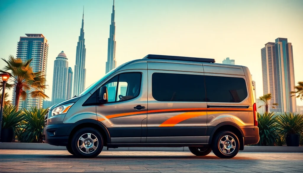Fast vape delivery Dubai with a modern delivery van showcasing vibrant vape products in front of Dubai's skyline.