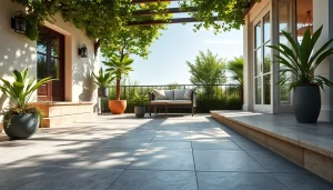 Carrelage extérieur élégant sur une terrasse sereine, mettant en valeur un design extérieur raffiné.