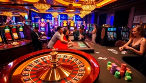 Win55 casino players excitedly bet at roulette and poker tables in an upscale setting.