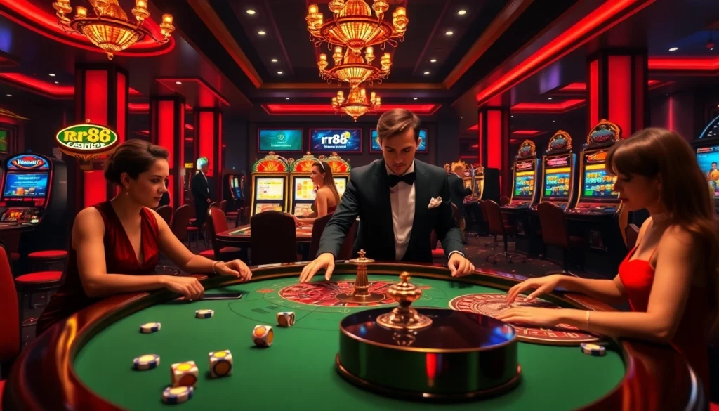 Players enjoy thrilling games at rr88's luxurious casino environment with vibrant roulette and slot machines.