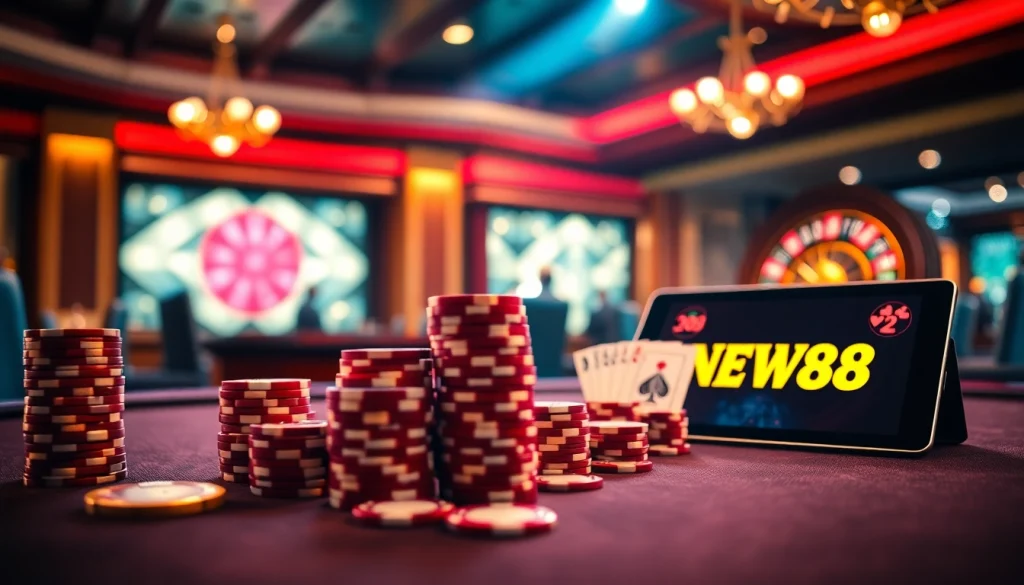 Players enjoying an exciting round of poker at NEW88 casino table with vibrant casino elements.