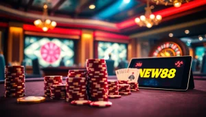 Players enjoying an exciting round of poker at NEW88 casino table with vibrant casino elements.