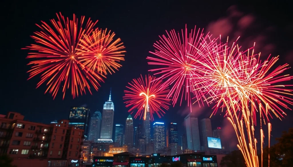 Experience the stunning fireworks display from https://5starfireworks.co.uk in a vibrant city skyline.
