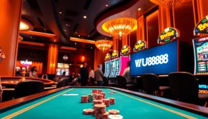 Experience thrilling gambling action at UU88 casino with poker chips and bright slot machines.