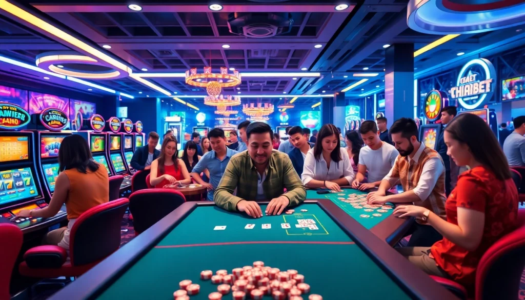 Engaging scene showcasing THABET's vibrant online casino atmosphere with diverse players enjoying exciting games.