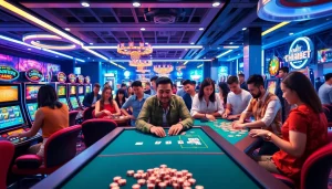 Engaging scene showcasing THABET's vibrant online casino atmosphere with diverse players enjoying exciting games.